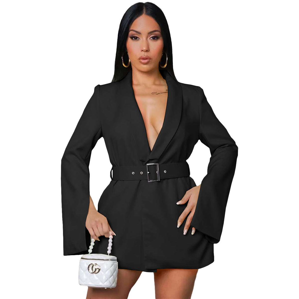 Women Fashion Casual Deep V Long Sleeve Blazer Dress Belt