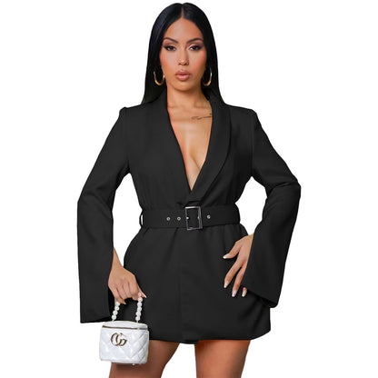 Women Fashion Casual Deep V Long Sleeve Blazer Dress Belt