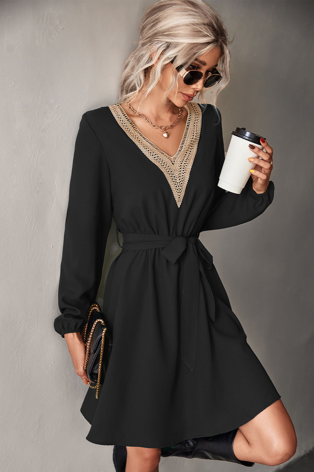 Vestido informal de manga larga con encaje y escote en V para mujer, moda Otoño Invierno