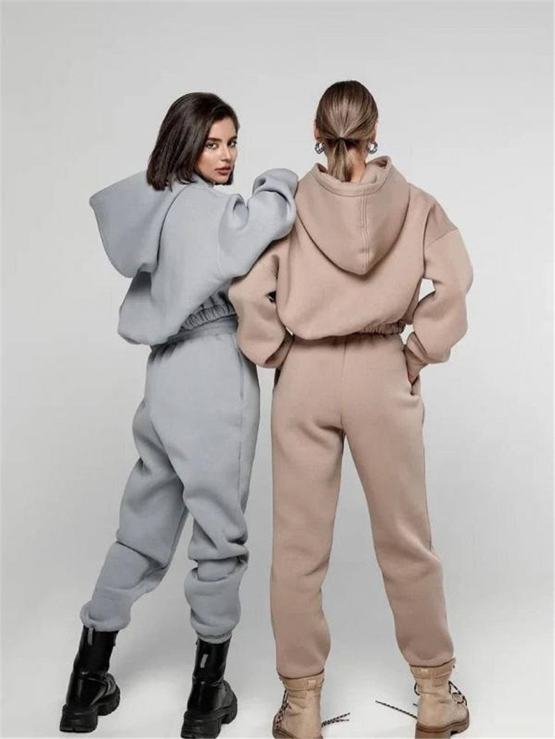 Autumn And Winter Fashion Athleisure Solid Color Hoodie Casual Pants Two-Piece Set