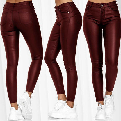 Pantalones casuales ajustados de cuero sintético de color sólido para mujer