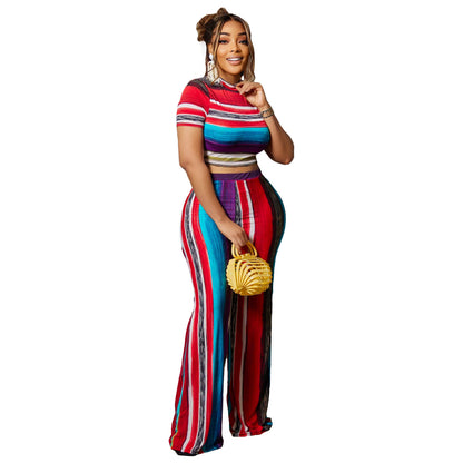 Casual Fashion Women Color Blocking Stripe Print Short Sleeve Crop Top And Pants Set