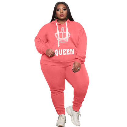 Conjunto de dos piezas deportivo informal de talla grande para mujer, de manga larga, con estampado de letras Queen y pantalones de color liso con diamantes de imitación