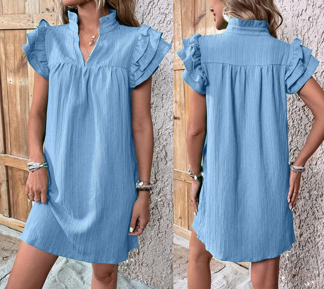 Women Fashion Casual Solid Color Multi-Layer Lotus Leaf Sleeve V-Neck Dress
