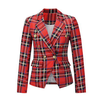 Chaqueta de traje con botones a cuadros informal de moda para mujer