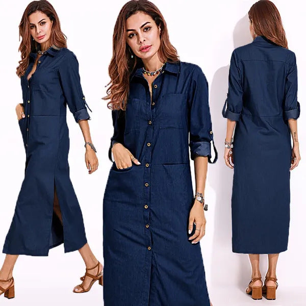 Women Fashion Casual Solid Color Long Sleeve Shirt Collar Cardigan Denim Dress