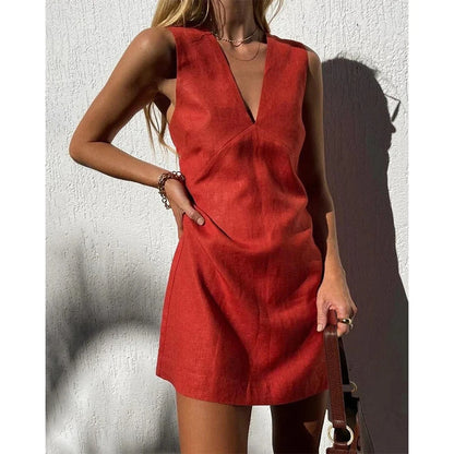 Summer Women Casual Solid Color V-Neck Cotton Linen Sleeveless Dress