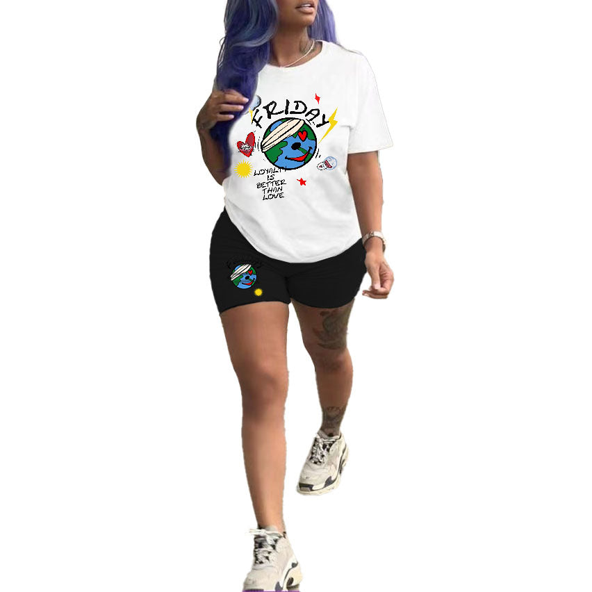 Conjunto de dos piezas informal de moda para mujer con camiseta de manga corta y pantalones cortos ajustados con estampado de letras de la Tierra