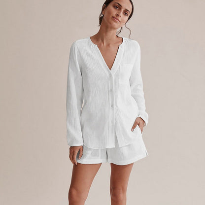Conjunto de pijama informal de algodón de doble gasa de color liso y manga larga para mujer