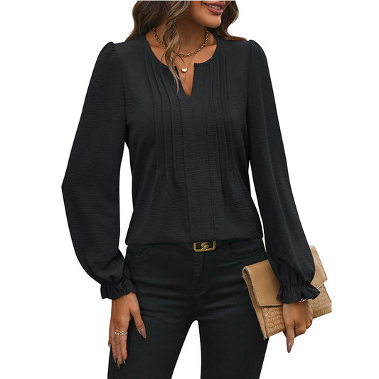Camisa informal de gasa con cuello en V y manga larga para mujer