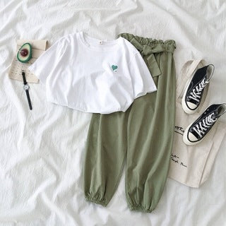 Conjunto deportivo informal de verano para mujer, camiseta de manga corta con estampado de corazón y pantalones largos con cintura elástica