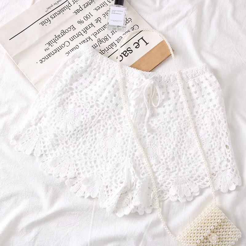 Women Loose Casual Crochet Knitted Solid Color Middle Waist Shorts