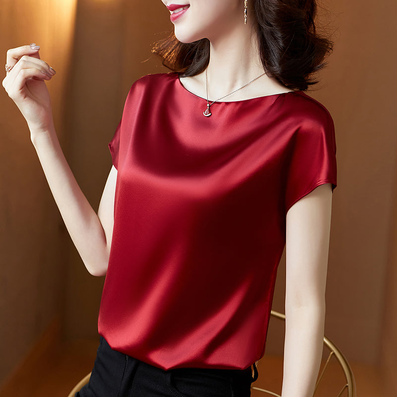 Blusa holgada informal de satén de color liso de manga corta para oficina de verano para mujer