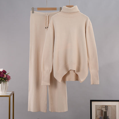 Suéter de punto de cuello alto de color liso para mujer, conjunto de dos piezas con pantalones anchos informales para otoño e invierno