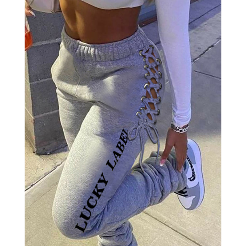 Women Sexy Casual Letter Printed Bandage Lace Up Sweatpants
