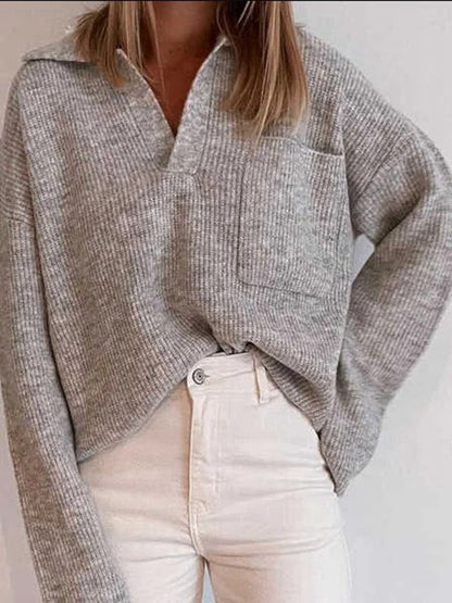 Suéter de punto informal holgado de color liso con bolsillo y solapa para mujer