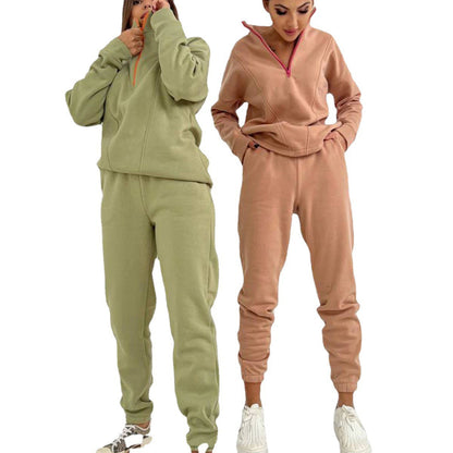 Conjunto de dos piezas de suéter y pantalones de manga larga con cremallera y solapa informal para mujer Otoño Invierno