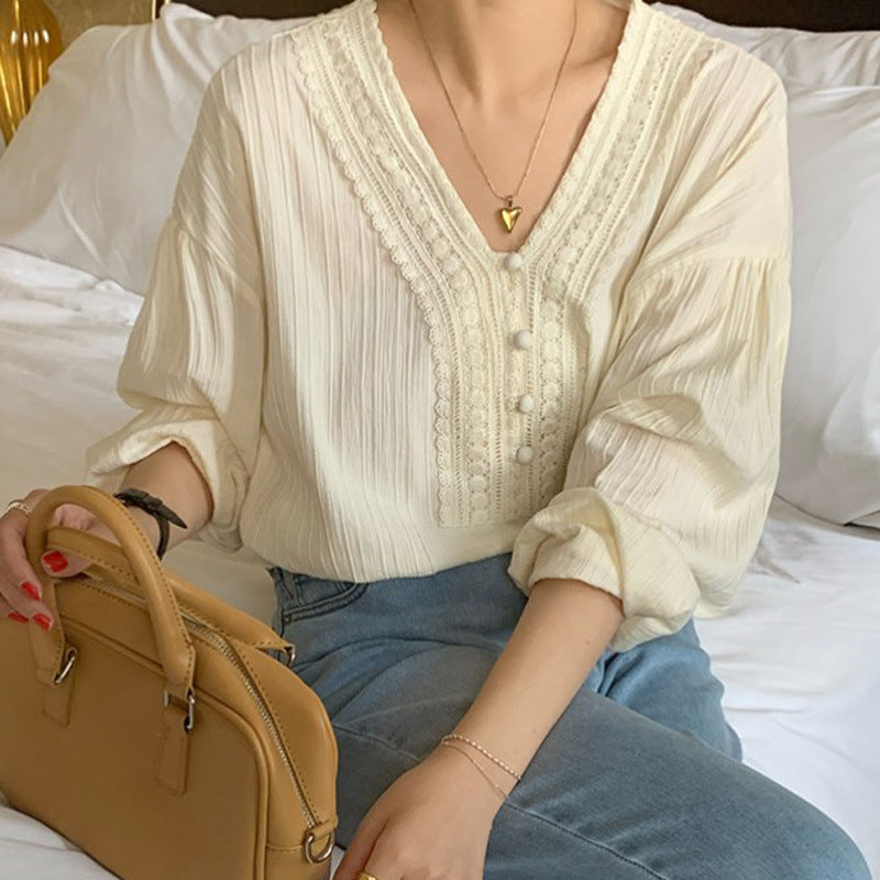 Blusa informal elegante de encaje con cuello en V y manga larga para mujer