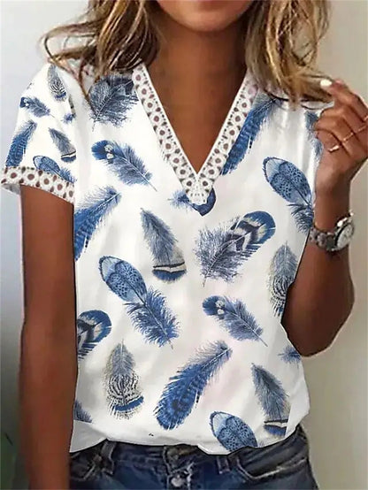 Blusa informal de verano para mujer, con escote en V, encaje, plumas, estampado floral, manga corta