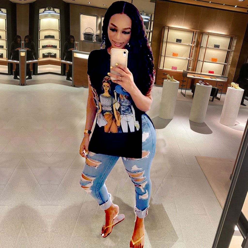 Fashion Women Edgy Casual Short Sleeves Graphic Print Side-slit Dress