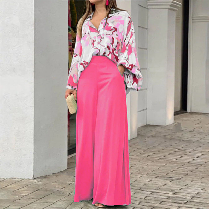 Conjunto de dos piezas de blusa holgada informal estampada y pantalones de pierna ancha para mujer de verano