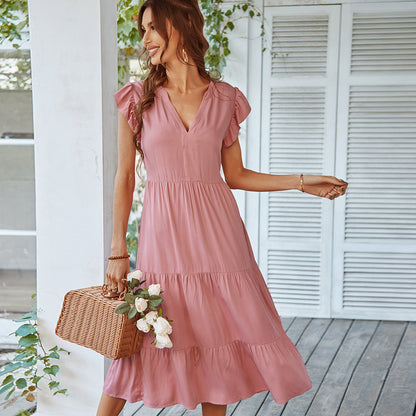 Women Casual Sexy style Solid Color V-Neck Ruffle Dresses