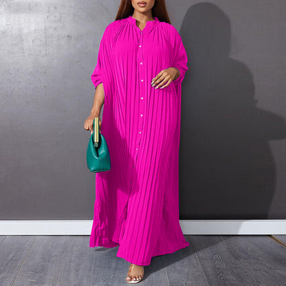 Women Fashion Plus Size Solid Color Loose Casual Creased Maxi Dress