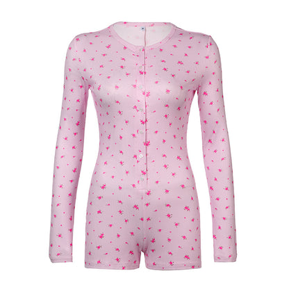 Women Fashion Casual Floral Printed V-Neck Long-Sleeve Single Breasted Slim-Fit Rompers