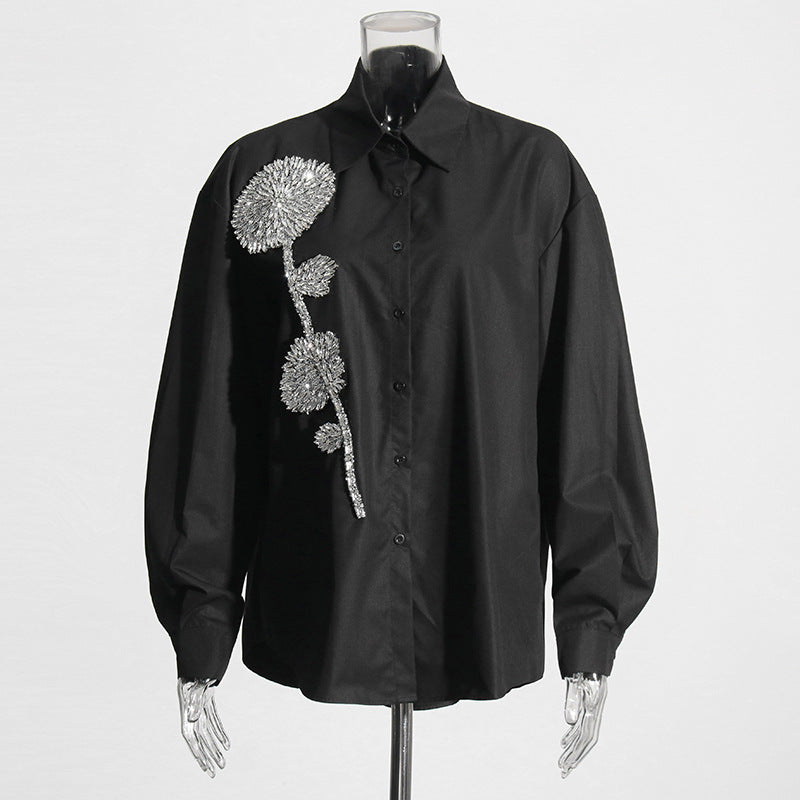 Blusa informal holgada de manga larga con solapa y flores de diamantes de imitación para mujer