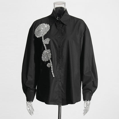 Blusa informal holgada de manga larga con solapa y flores de diamantes de imitación para mujer