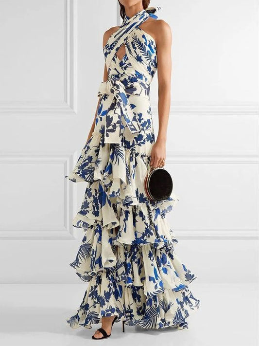 Summer Bohemian Style Vacation Women Casual Halter Backless Strap Printed Maxi Dress