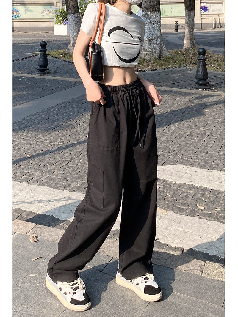 Women Fashion Casual Loose Elastic High Waist Straight Leg Cargo Pants