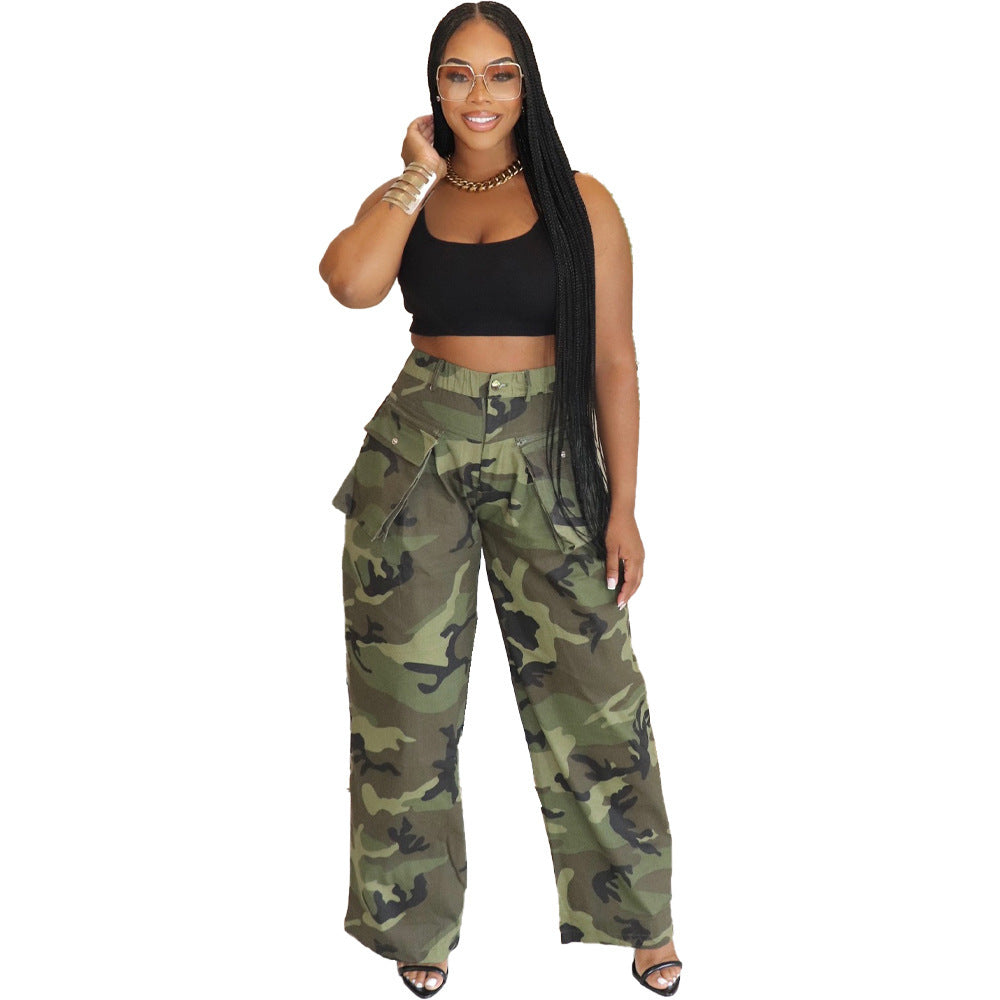 Women Fashion Casual Camouflage Printed Multi-Pocket Wide Leg Pants