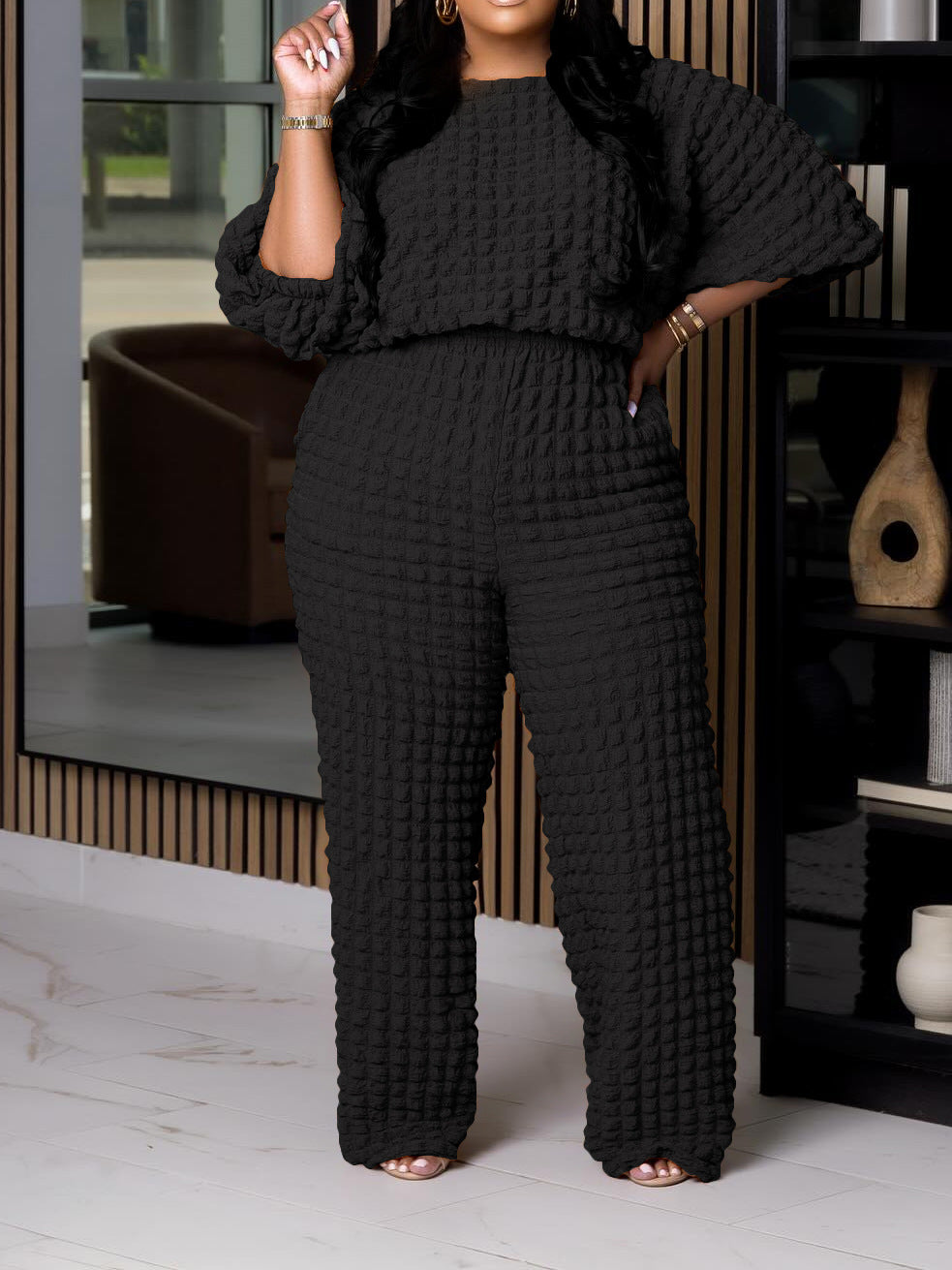 Conjunto de dos piezas informal de manga larga con cuello redondo y pantalones holgados para mujer, talla grande