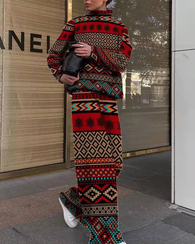 Conjunto de dos piezas de suéter y pantalón con estampado de pata de gallo para mujer