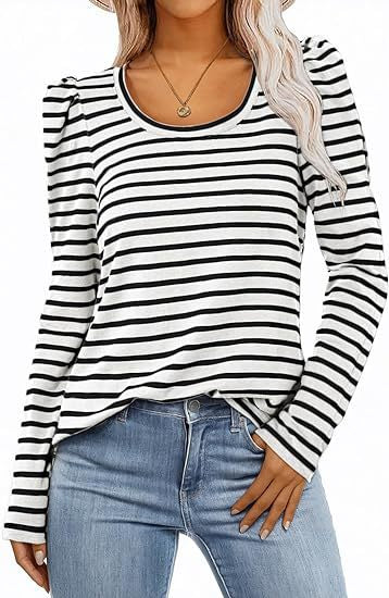 Camiseta informal de manga larga con cuello redondo y estampado de rayas para mujer