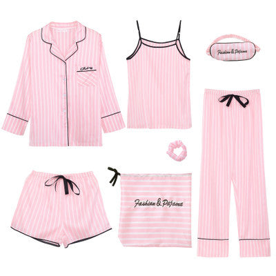 Conjunto de pijama fino de siete piezas con estampado de rayas informal sencillo para mujer
