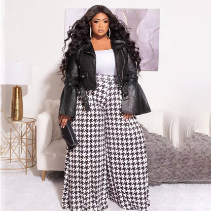 Plus Size Women Casual Houndstooth Wide Leg Pants