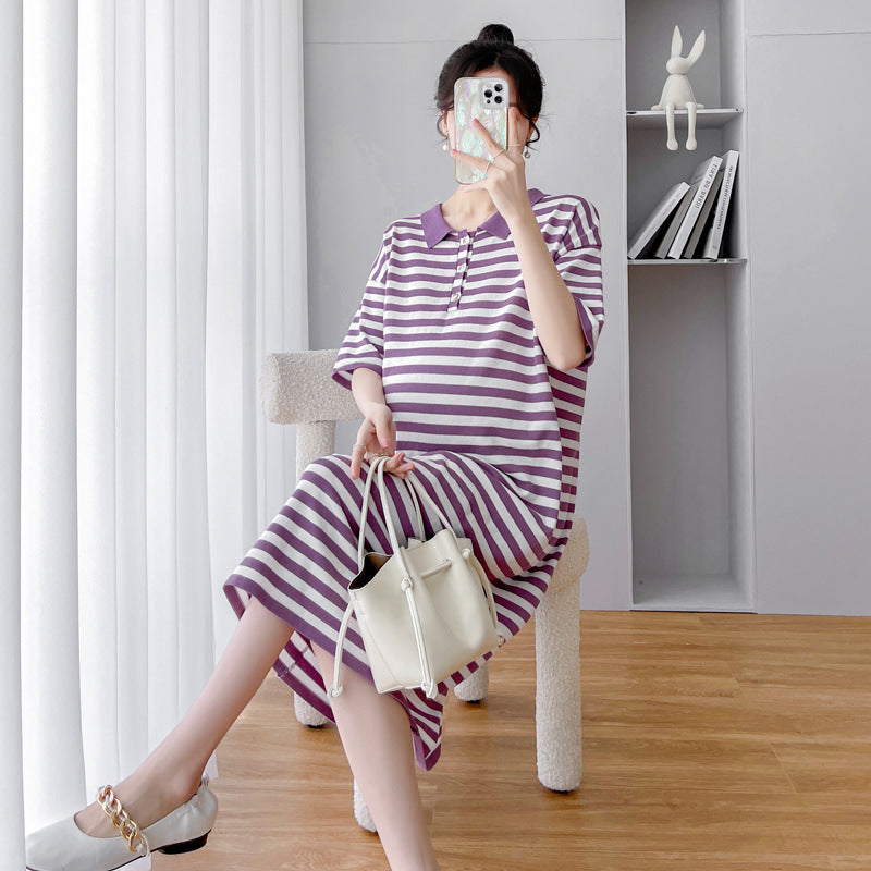 Vestido de maternidad informal de verano para mujer, con estampado de rayas y manga corta