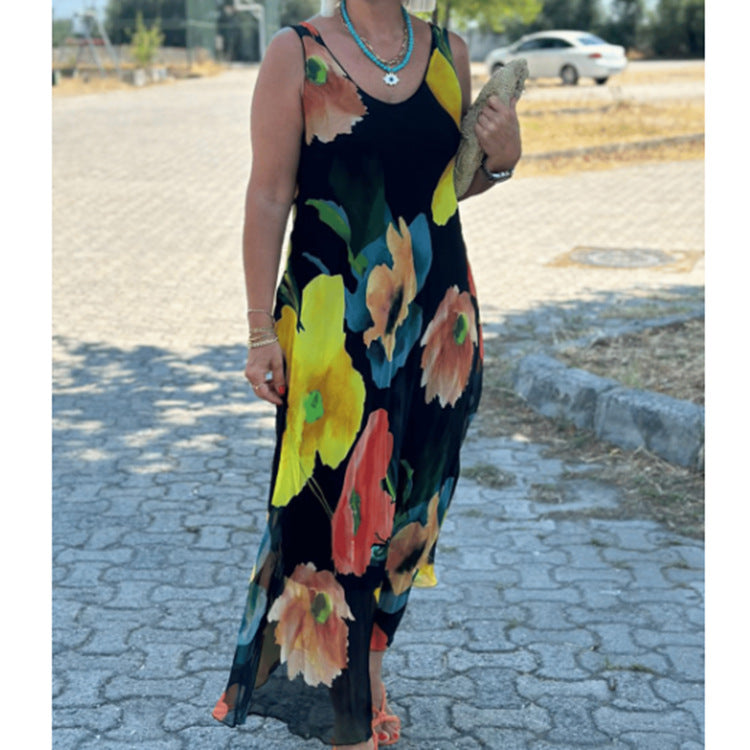Summer Women Casual Plus Size Floral Printed Sleeveless Dress