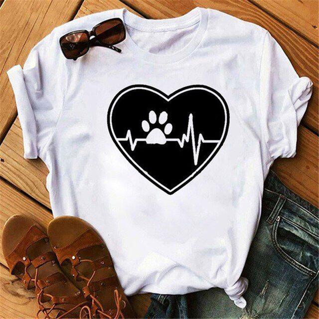 Camiseta informal de manga corta con estampado de garra de perro pintada a mano para mujer