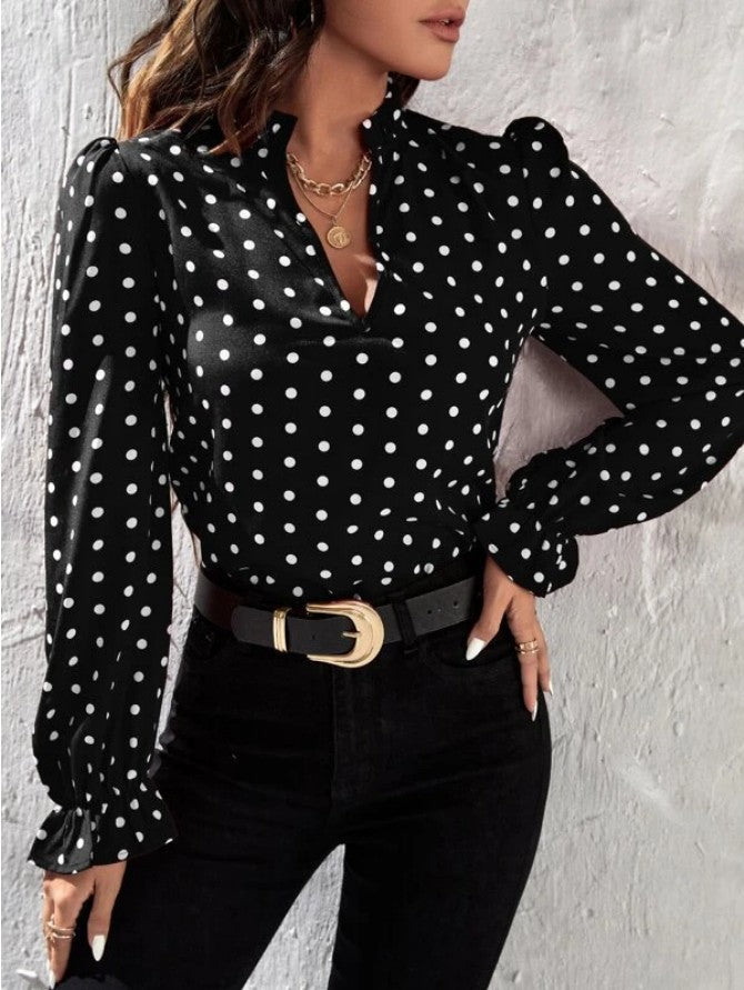 Women Casual Long Sleeve Polka Dot Slim Long-Sleeved Chiffon Shirt Blouse