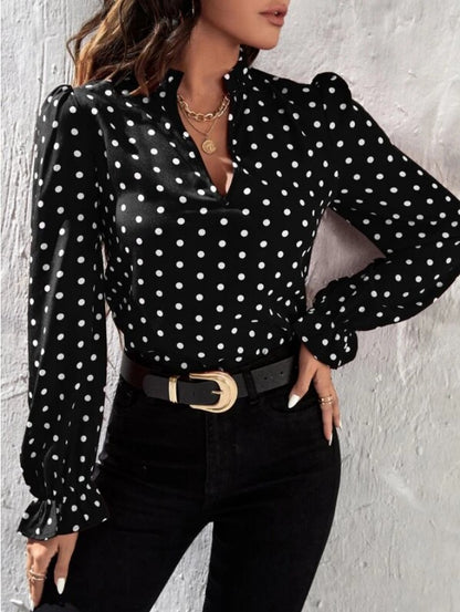 Women Casual Long Sleeve Polka Dot Slim Long-Sleeved Chiffon Shirt Blouse