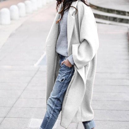 Abrigo de lana cálido de color liso largo informal para mujer, otoño e invierno