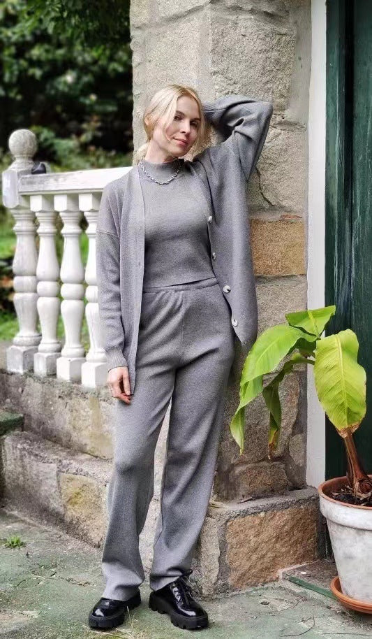 Conjunto de tres piezas de chaqueta y pantalones de manga larga para mujer, informal, holgado, de color liso, para otoño e invierno