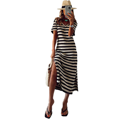 Women Fashion Casual Black White Stripe Printed V-Neck Short Sleeve Side Slit Dress