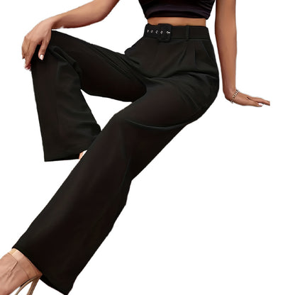 Women Fashion Casual High Waist Solid Color Straight Leg Pants