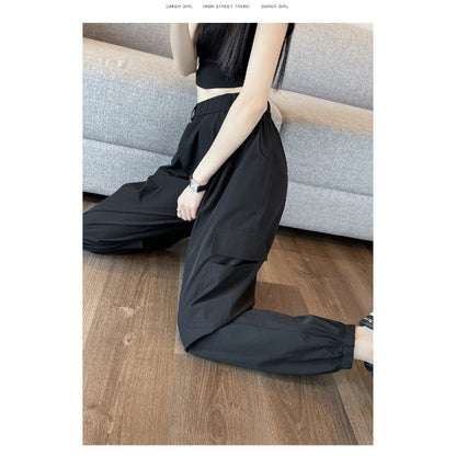 Women Fashion Casual Solid Color Cargo Elastic Waist Cuffed Jogger Pants