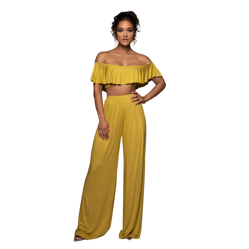 Conjuntos casuales de moda para mujer: top de tubo con volantes y pantalones anchos, cuello alto y sexy