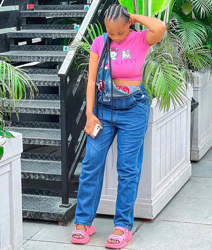 Women Fashion Casual Letter Embroidered Strap Denim Jumpsuit